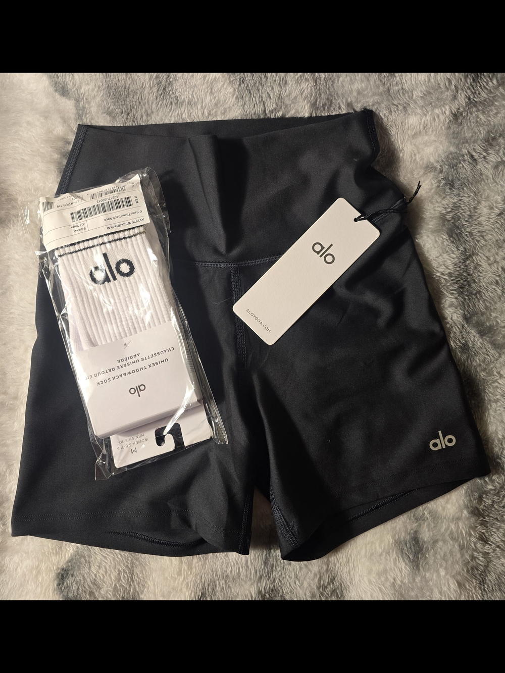 ALO Yoga Black High-Rise Bike Shorts with Logo Plus Tube Socks. Sz M